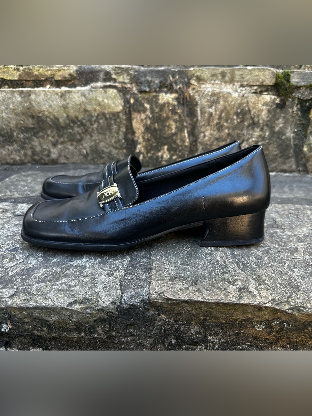 Anne Klein Black Leather flex Slip-On Loafers with Gold Accent